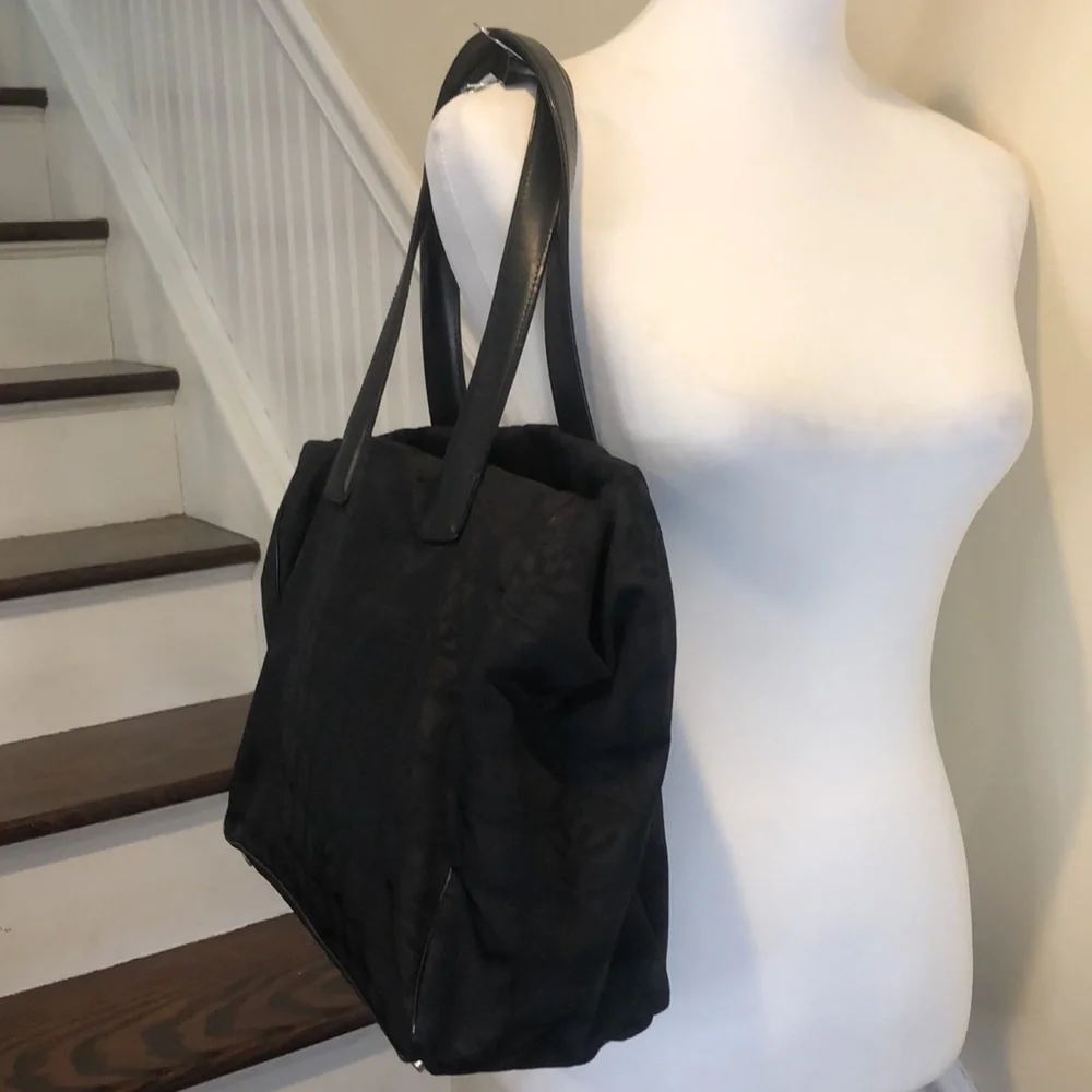CHANEL Black Leather and Black Canvas Traveline Shoulder Bag AUTHENTIC